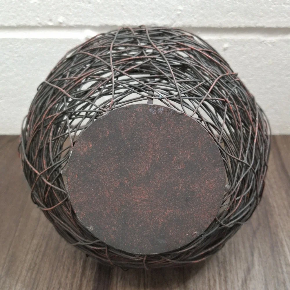 Vintage Rustic Woven Metal Wire Bird Nest Basket with 3 Speckled Eggs Farm Decor
